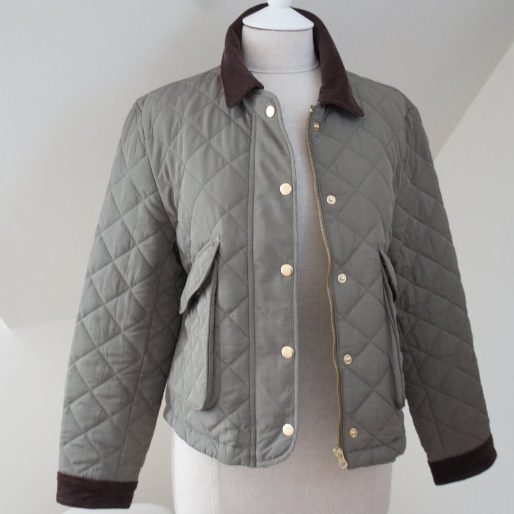 Olive Green Quilted Jacket With Brown Corduroy Collar Size Large NWOT